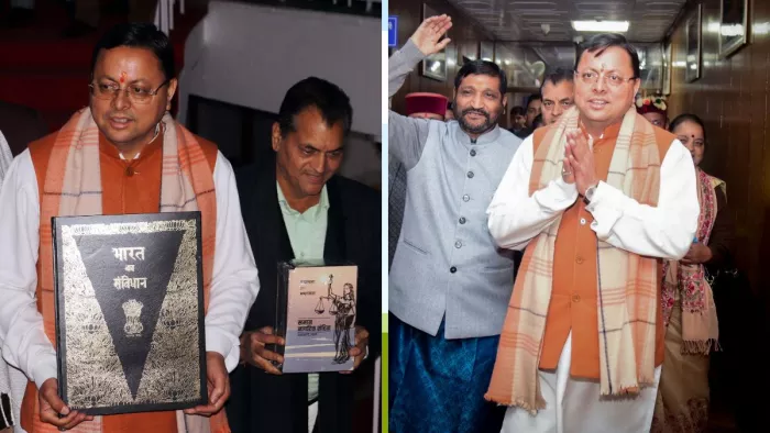 भारत के संविधान के साथ सीएम धामी और यूसीसी की प्रति के साथ संसदीय कार्य मंत्री प्रेमचंद अग्रवाल