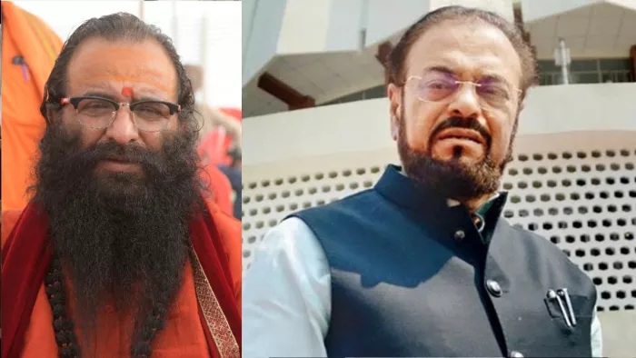 अखिल भारतीय अखाड़ा परिषद के अध्यक्ष रवींद्र पुरी, अबू आजमी। - फाइल फोटो