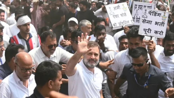 राहुल गांधी बिहार के बेगूसराय में पद यात्रा में शामिल हुए। (फाेटो- रूपेश कुमार)