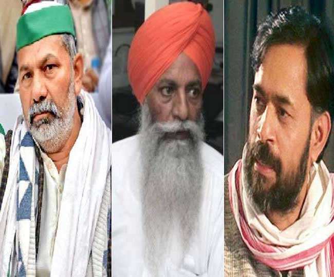 किसान नेता राकेश टिकैत, गुरनाम सिंह चढ़ूनी और योगेंद्र यादव। (फाइल फोटो)