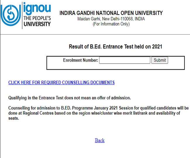 IGNOU BEd Entrance Result 2021 Announced for January ...