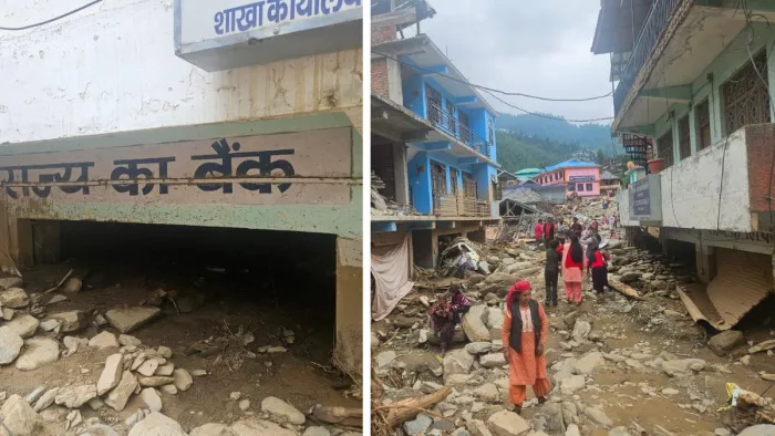 थुनाग में बादल फटने के बाद मलबे में दबा राज्य सहकारी बैंक व बाजार।
