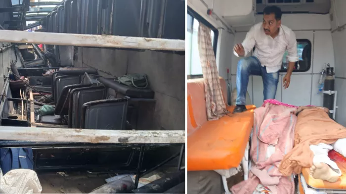 दुर्घटनाग्रस्त बस को जेसीबी मशीन द्वारा हटाया जा रहा है (जागरण फोटो)