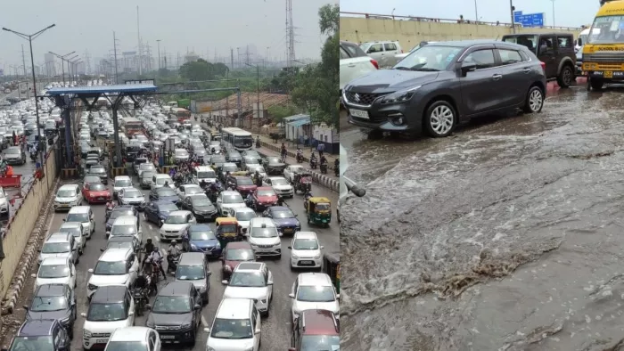 दिल्ली-एनसीआर में बारिश के कारण सड़क पर भरा पानी। जागरण