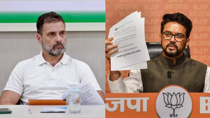 कांग्रेस सांसद राहुल गांधी और केंद्रीय मंत्री अनुराग ठाकुर (फोटो पीटीआई)