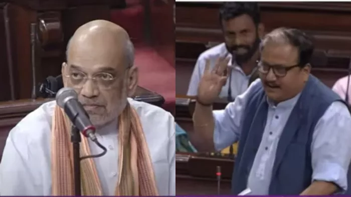 राज्यसभा में गृहमंत्री अमित शाह (बाएं), राजद नेता प्रोफेसर मनोज झा (दाएं)।