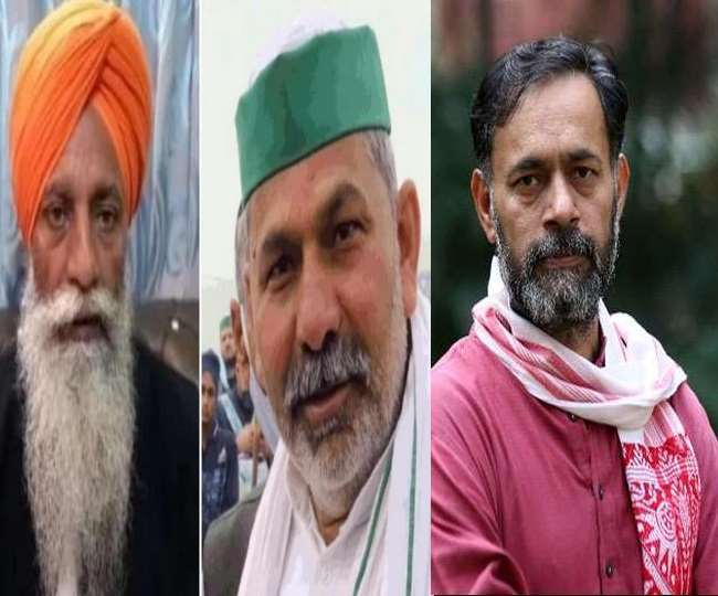 किसान नेता गुरनाम सिंह, राकेश टिकैत और योगेंद्र यादव।