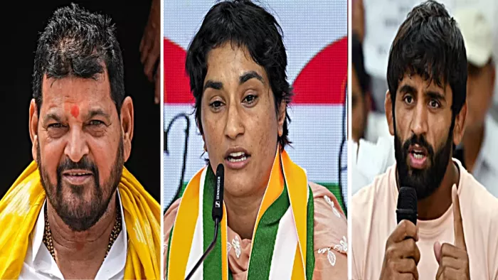 बृजभूषण शरण, विनेश फोगाट और बजरंग पूनिया (सोशल मीडिया)