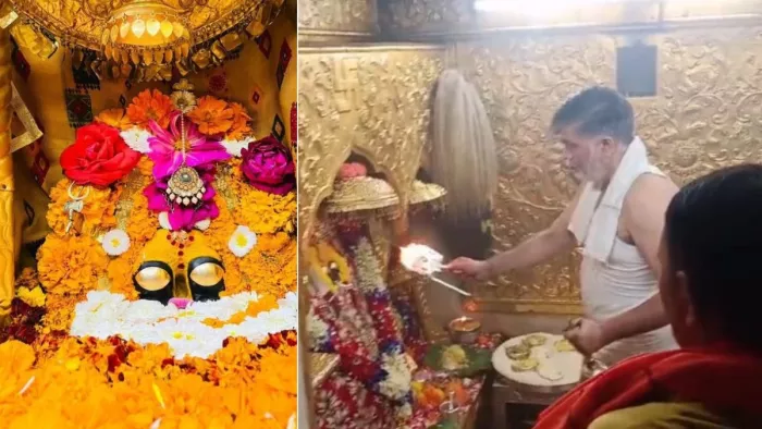 चंद्रग्रहण का सूतककाल लगने से पूर्व माता श्रीनयना देवी में विशेष पूजा करते पुजारी। जागरण