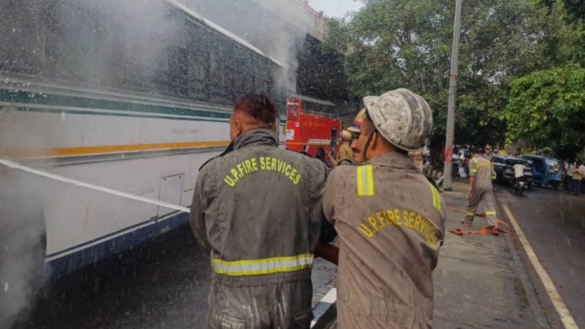 ncr bus catches fire under elevated road in noida no casualties