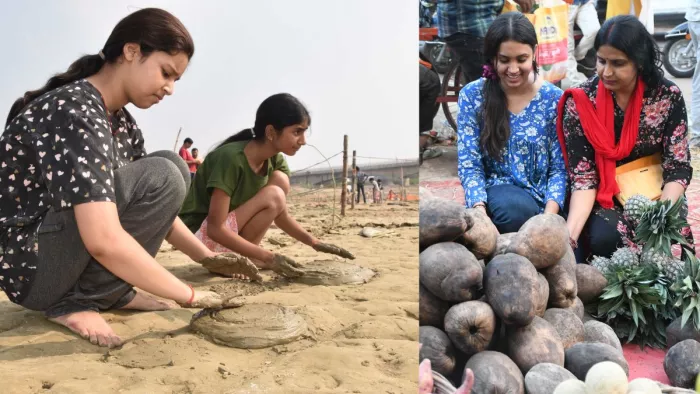 छठ पर्व को लेकर राप्ती घाट पर पर वेदी बनाती व असुरन रोड पर खरीदारी करती श्रद्धालु। संगम दूबे