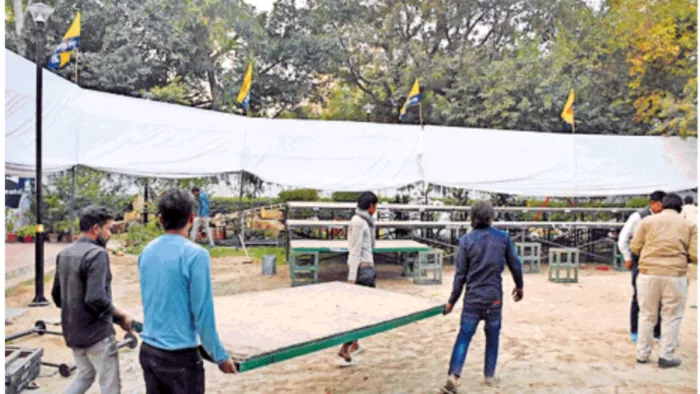 एग्जिट पोल से उत्साहित आप मुख्यालय में जश्न की तैयारी, फोटो जागरण