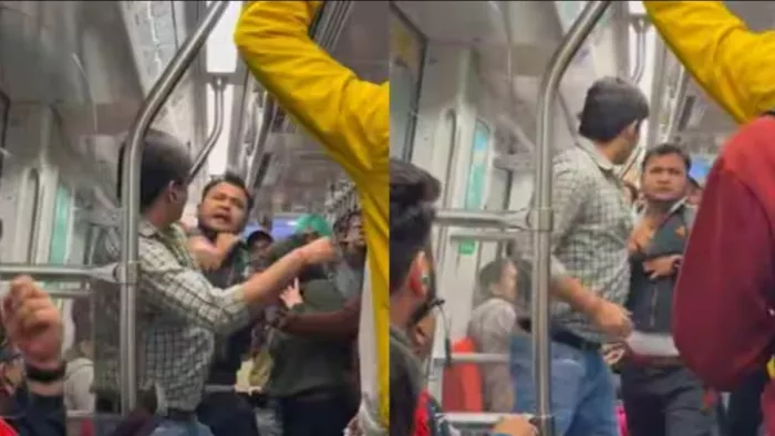 दिल्ली मेट्रो में दो यात्रियों के बीच जमकर हुई मारपीट।
