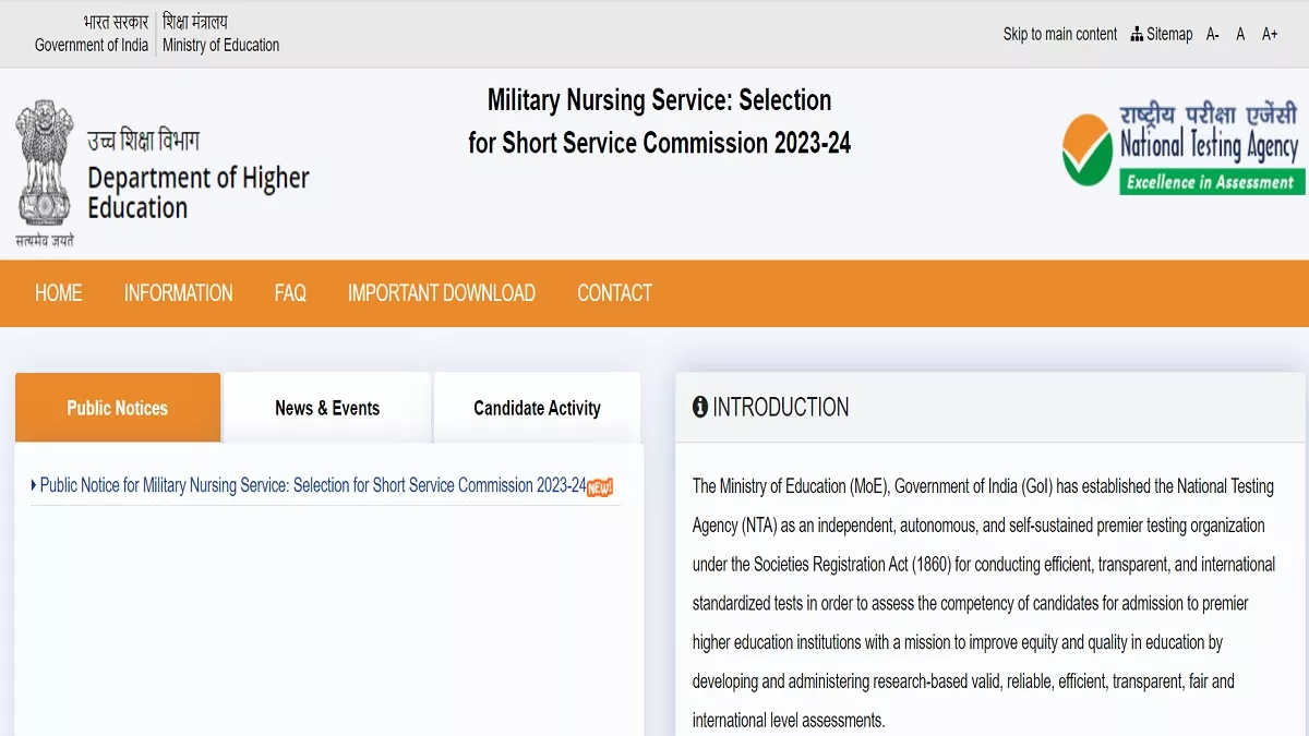 NTA MNS SSC Exam 2024 मिलिट्री नर्सिंग भर्ती परीक्षा के लिए नोटिफिकेशन