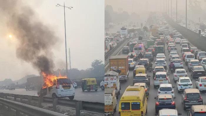 दिल्ली-गुरुग्राम एक्सप्रेस-वे पर कार में लगी आग, कई किमी तक लगा लंबा जाम; एंबुलेंस भी फंसी