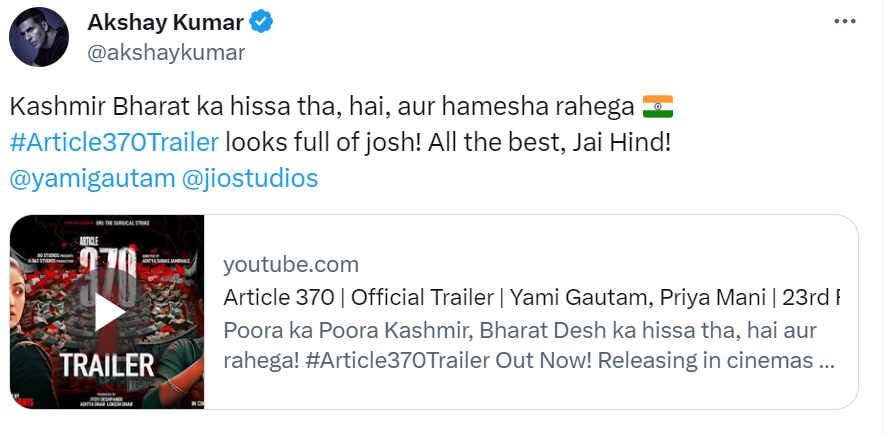 Akshay On Article370 Trailer