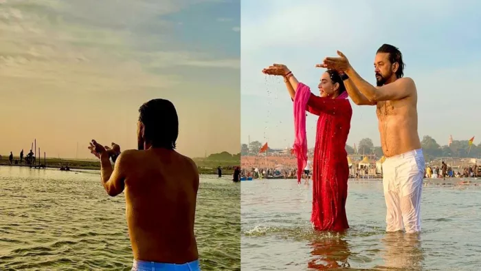 महाकुंभ में पत्नी संग स्नान करते पूर्व केंद्रीय मंत्री और हिमाचल प्रदेश के हमीरपुर से लोकसभा सांसद अनुराग ठाकुर। जागरण