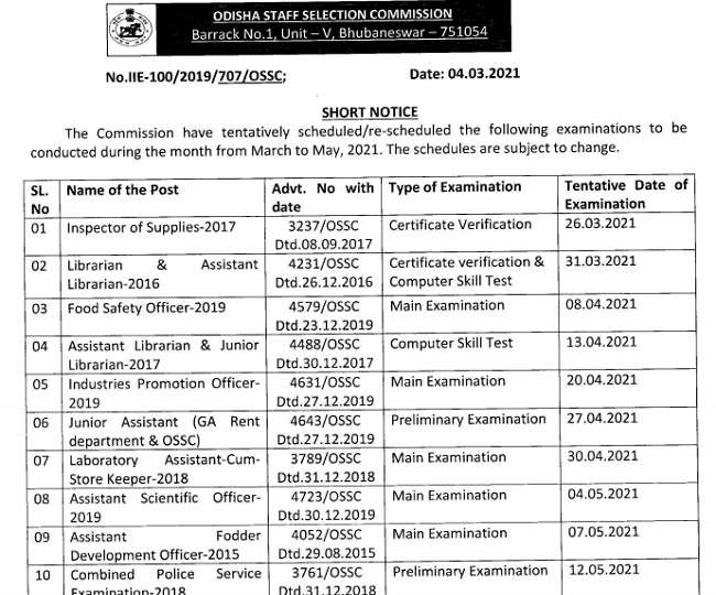 OSSC Exam Dates 2021: Tentative calendar for exams scheduled for March-May 2021 is issued by OSSC