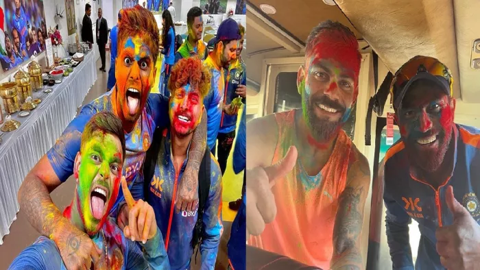 ऑस्ट्रेलिया के खिलाफ चौथे टेस्ट मैच से पहले टीम इंडिया ने जमकर खेली होली।(फोटो सोर्स: ट्विटर)