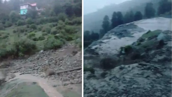 चंबा के पंगोला नाले में बादल फटने से आई बाढ़।