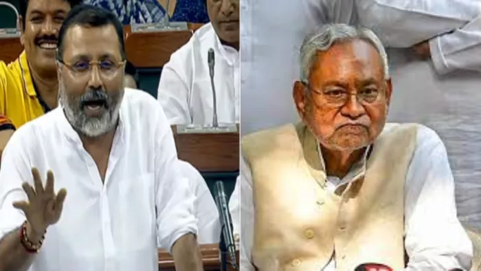 लोकसभा में अविश्वास प्रस्ताव के दौरान बोलते हुए सांसद निशिकांत दुबे(बाएं), नीतीश कुमार(दाएं)