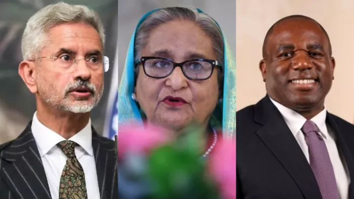भारत के विदेश मंत्री एस जयशंकर, UK के विदेश मंत्री डेविड लैमी और बांग्लादेश की पूर्व पीएम शेख हसीना।