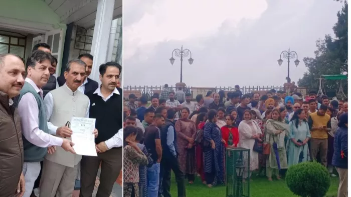 शिमला में मुख्यमंत्री सुखविंदर सिंह सुक्खू को ज्ञापन सौंपते कर्मचारी नेता व पीटरहॉफ में जुटे कर्मी। जागरण