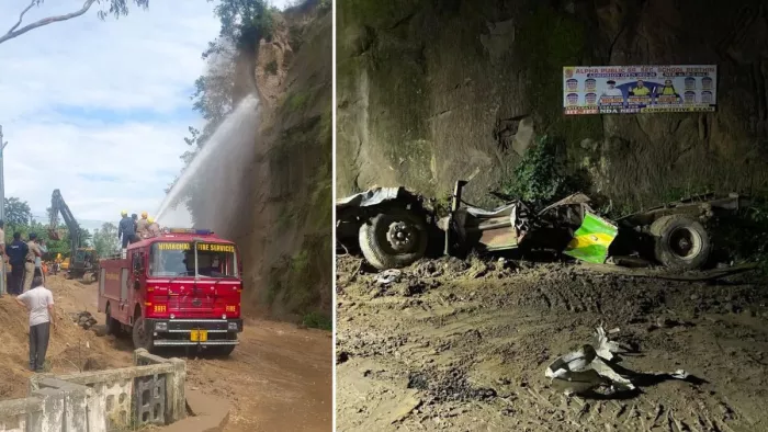 बिलासपुर में पानी की बौछार से मलबे को गिराते कर्मी व हादसे में बचे बस के अवशेष। जागरण