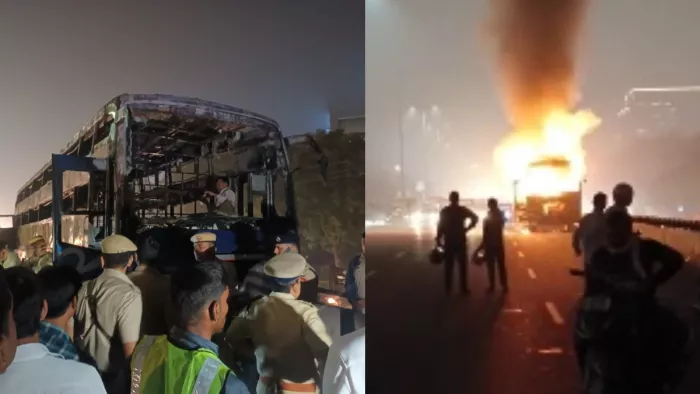 गुरुग्राम में दिल्ली-जयपुर हाईवे पर स्लीपर बस में लगी आग।