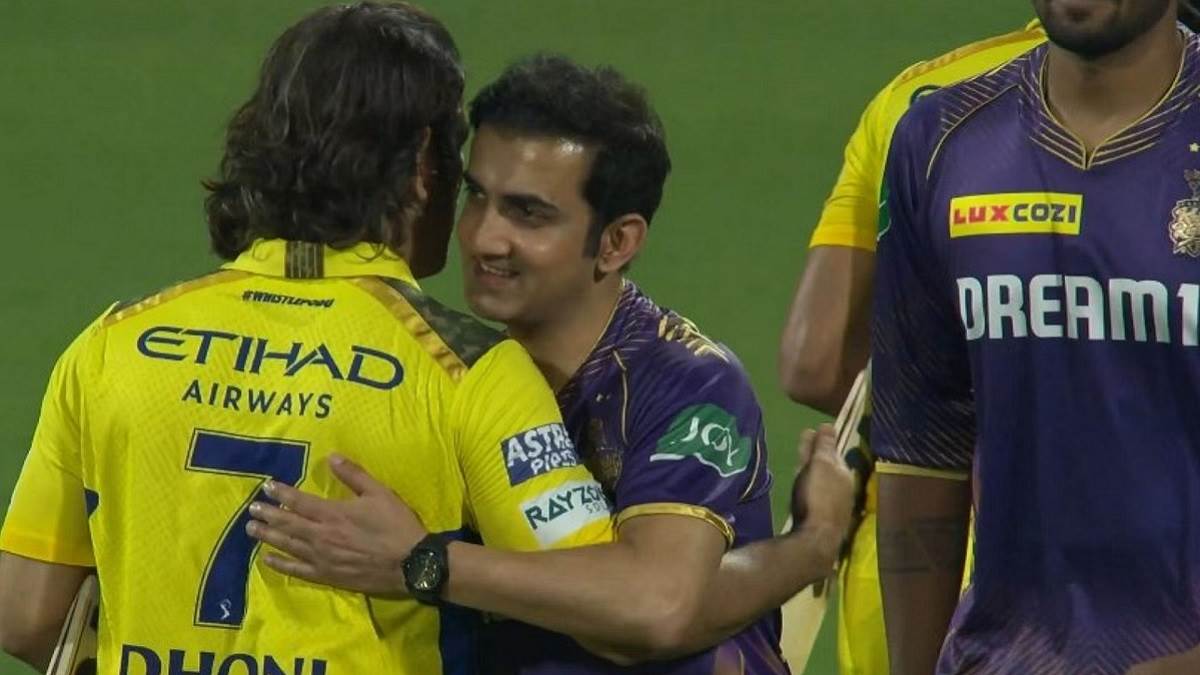 ms dhoni and gautam gambir hug each other after csk vs kkr match ipl 2024 watch video