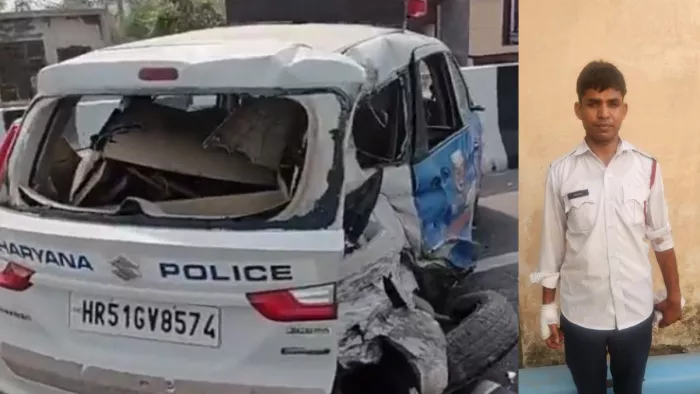 बडौली पुल पर स्कार्पियो की टक्कर से क्षतिग्रस्त हुआ पुलिस का वाहन व घायल होमगार्ड। जागरण