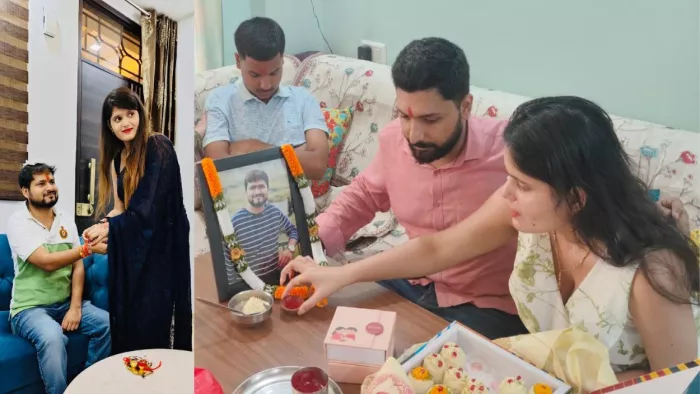 शुभम के चित्र को राखी बांधतीं उनकी बहन आरती। जागरण