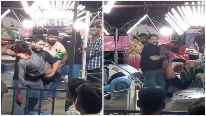 नशे में धुत युवक वहां लगे ब्रेक डांस झूले में झूला झूलने के लिए चढ़ गया