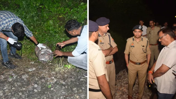 ट्रैक के पास मिला सिलेंडर और मौके पर पहुंचे अधिकारी जानकारी लेते हुए।