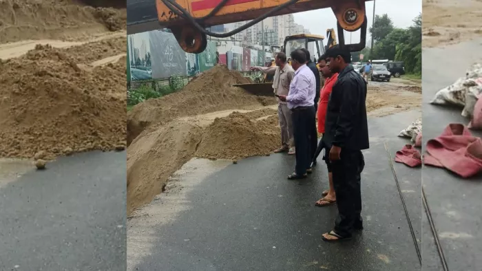 Greater Noida: रिहायशी परियोजना के खुदे हुए बेसमेंट के पास धंसी सड़क