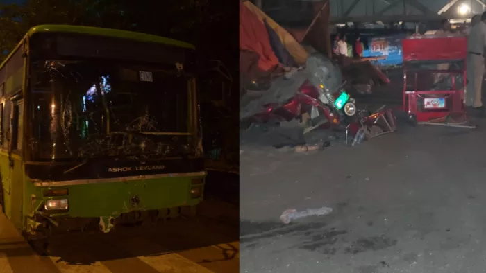 हादसे के बाद खड़ी बस और घटनास्थल का दृश्य।