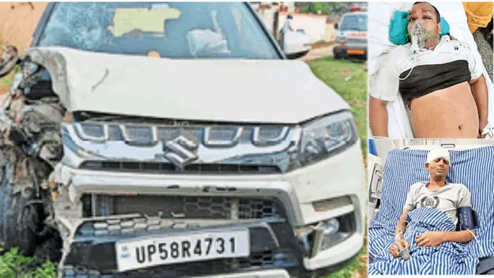 दुर्घटनाग्रस्त कार व घायल राजकुमार व घायल विजय प्रताप ओझा। -जागरण