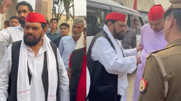 सपा उम्मीदवार हाजी रिजवान की पुलिस से नोकझोंक। (वीडियो से ली तस्वीर।)