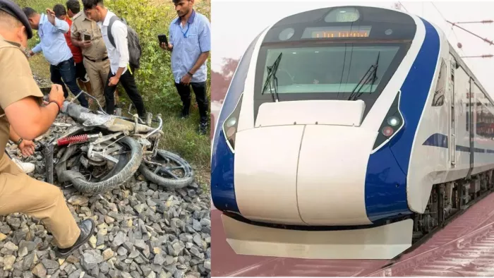 वाराणसी-प्रयागराज रेल मार्ग पर बंधवा ताहिरपुर रेलवे क्रासिंग पर वंदेभारत में फंसने के बाद क्षतिग्रस्त बाइक। सौ. रेल कर्मी