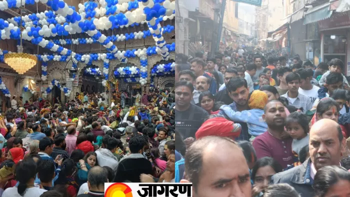 शनिवार को बांकेबिहारी मंदिर में उमड़ी भारी भीड़।