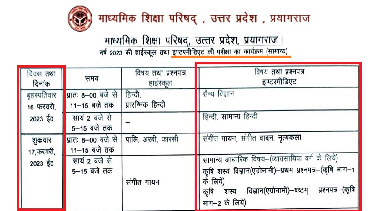 up board inter time table 2023 pdf released by upmsp class 12 exam from february 16 to march 4 download date sheet at upmsp edu in