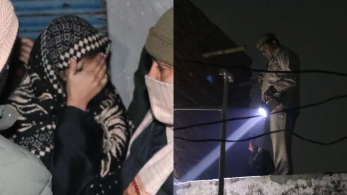 तीन बच्चों सहित एक परिवार के पांच की हत्या के बाद स्वजन, जांच करती पुलिस।