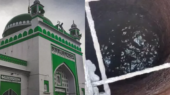 संभल में स्थित शाही जामा मस्जिद और उसके पास बना हुआ कुआं।