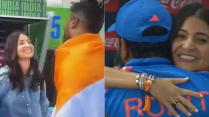 Anushka Sharma ने Rohit Sharma को गले लगाकर दी जीत की बधाई