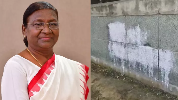 राष्ट्रपति द्रौपदी मुर्मू के आने से पहले खालिस्तानी समर्थकों ने दीवार पर लिखे नारे, पुलिस ने सफेद रंग से रंगा।