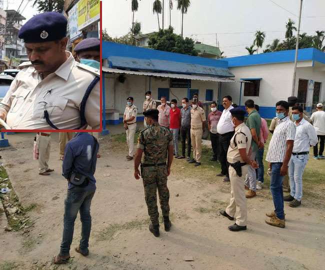पश्चिम बंगाल के इस्लामपुर अस्पताल में बिहार और बंगाल के पुलिस अधिकारी। इनसेट में शहीद इंस्पेक्टर की फाइल फोटो