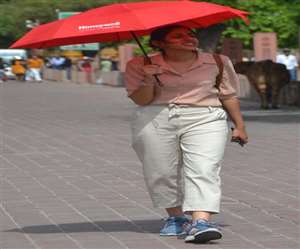 Weather in Agra Today: आगरा में मंगलवार को सुबह से तेज धूप होने के चलते छाता लेकर निकली युवती।