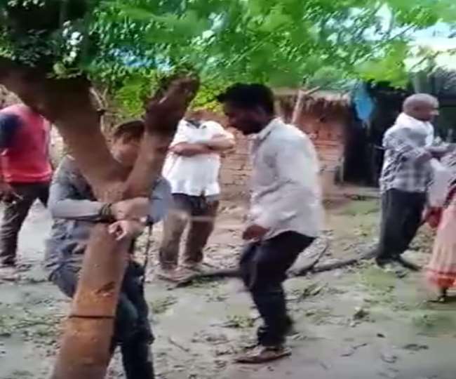 गोरखपुर में युवक को पेड़ से बांधकर पीटते ग्रामीण। - सौजन्य इंटरनेट मीडिया