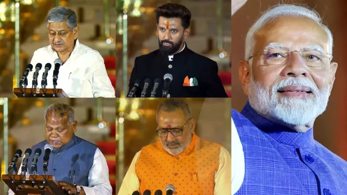 मंत्री पद की शपथ लेते ललन सिंह, चिराग पासवान, जीतन राम मांझी और गिरिराज सिंह। (फोटो- ANI)