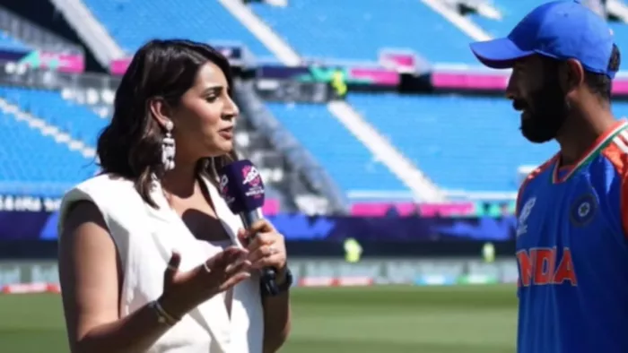 संजना गणेशन ने मैच के बाद लिया जसप्रीत बुमराह का इंटरव्यू (ICC video Screengrab)